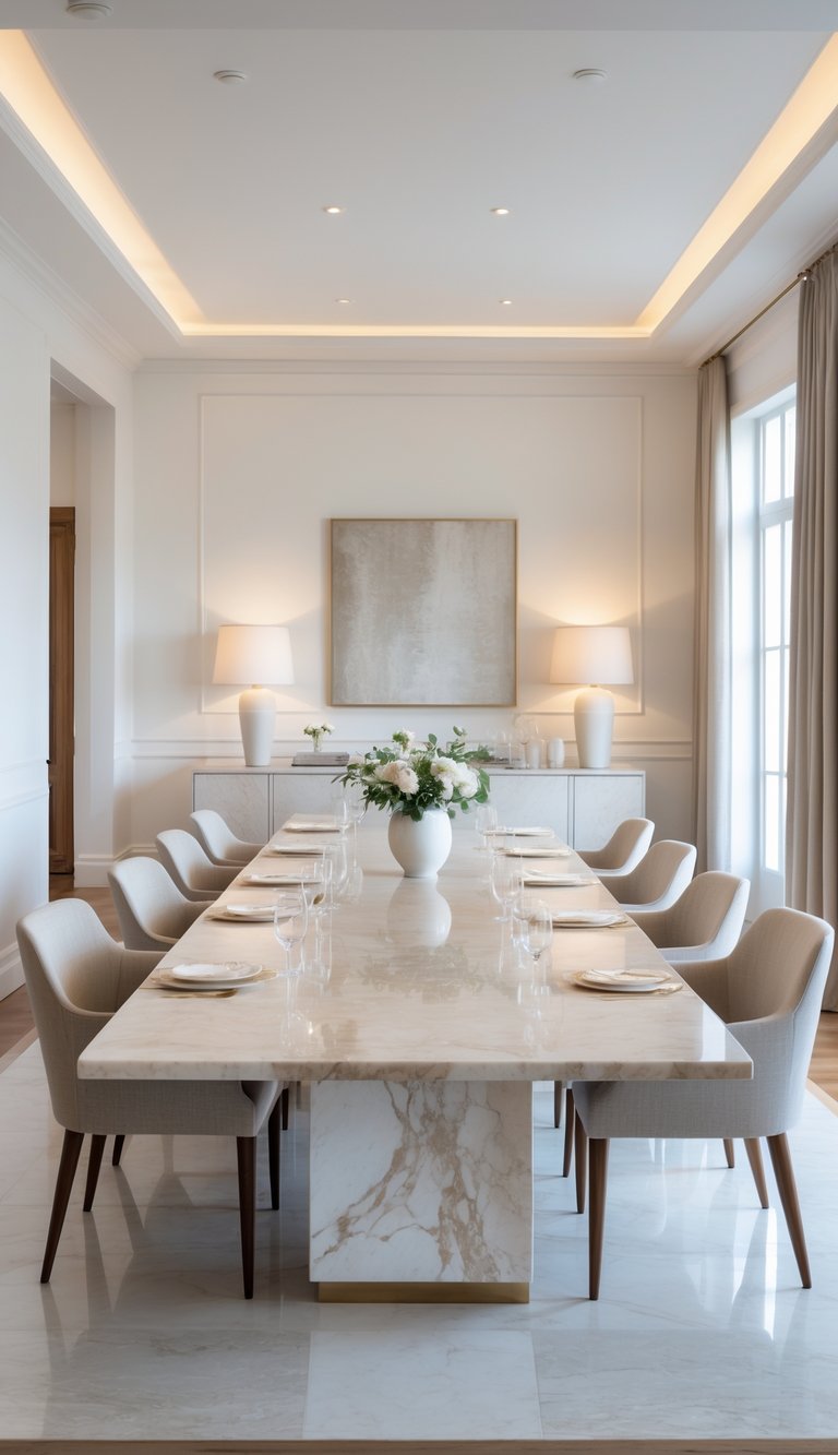 A bright dining room with a large rectangular marble table surrounded by chairs, featuring elegant place settings and decorative accents.