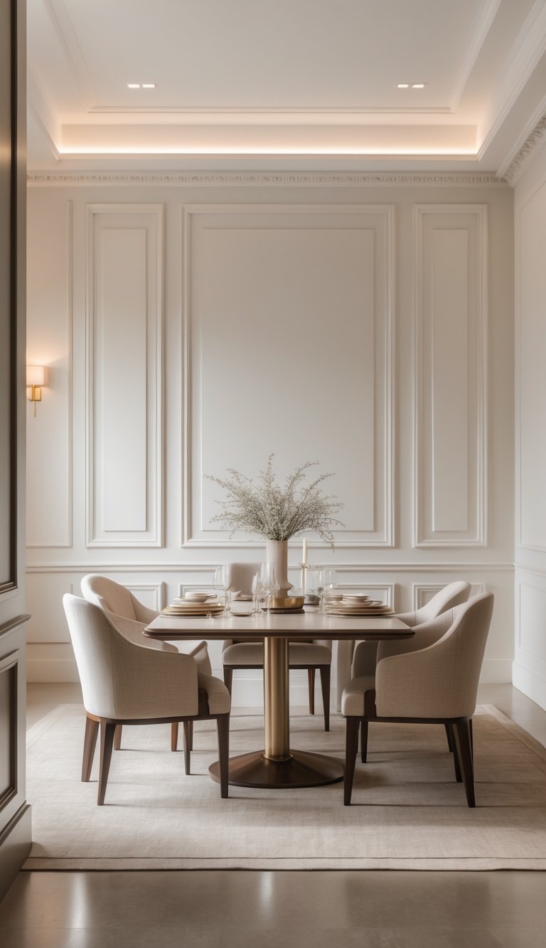 A bright dining room with a table and chairs framed by decorative wall molding, featuring clean furniture and an inviting atmosphere.
