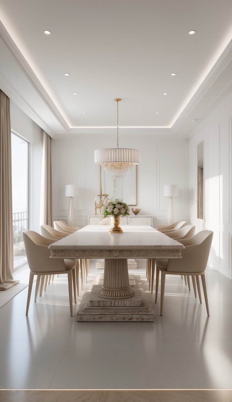 A bright dining room with a large elegant dining table surrounded by simple chairs, featuring bright lighting and a clean, spacious layout.