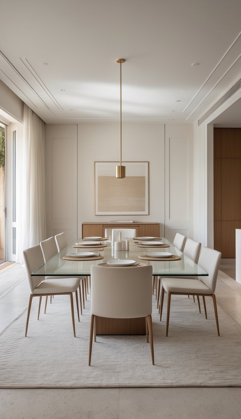 A bright dining room with a glass-topped table surrounded by simple chairs, featuring clean lines and an inviting atmosphere.