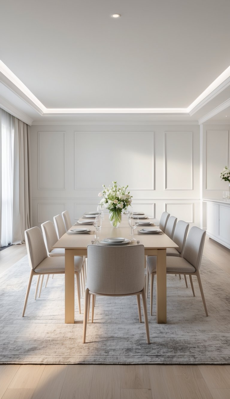 A bright dining room with a long rectangular table surrounded by simple chairs, polished wooden floors, and soft natural lighting.
