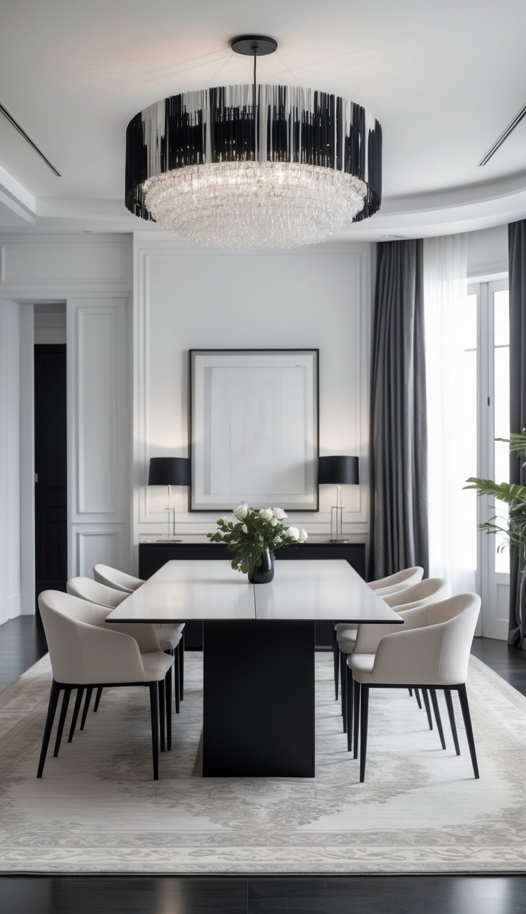 A bright dining room with a black and white chandelier above an elegant table surrounded by simple chairs, featuring a clean and inviting setup.