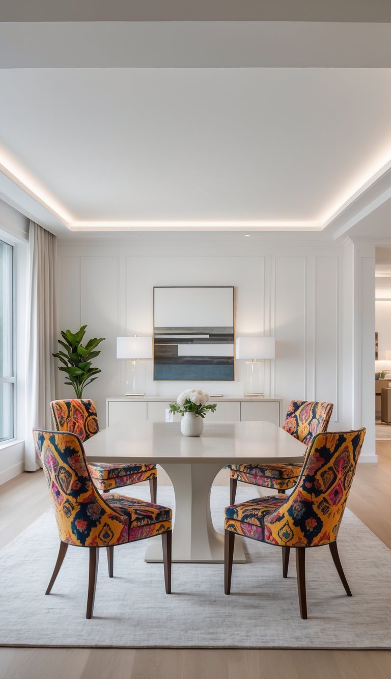 A bright dining room with an elegant table surrounded by bold patterned chairs, featuring a clean and spacious layout.