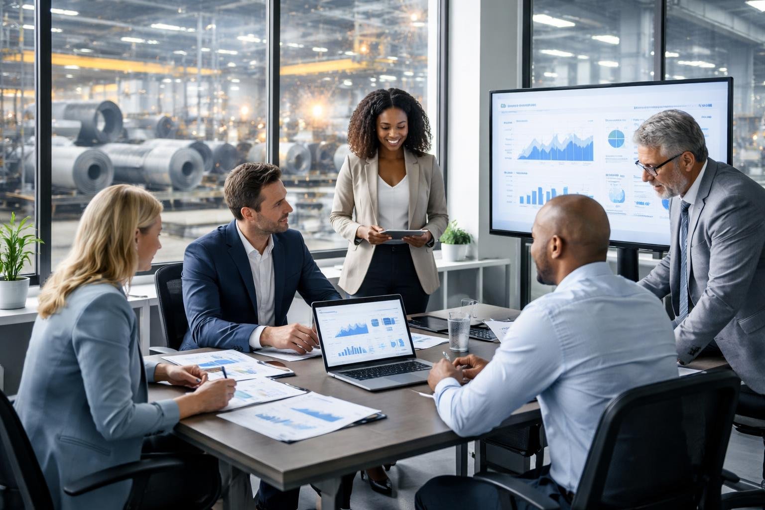 A team of professionals in an office overlooking a steel manufacturing plant, collaborating on steel sales and operations.