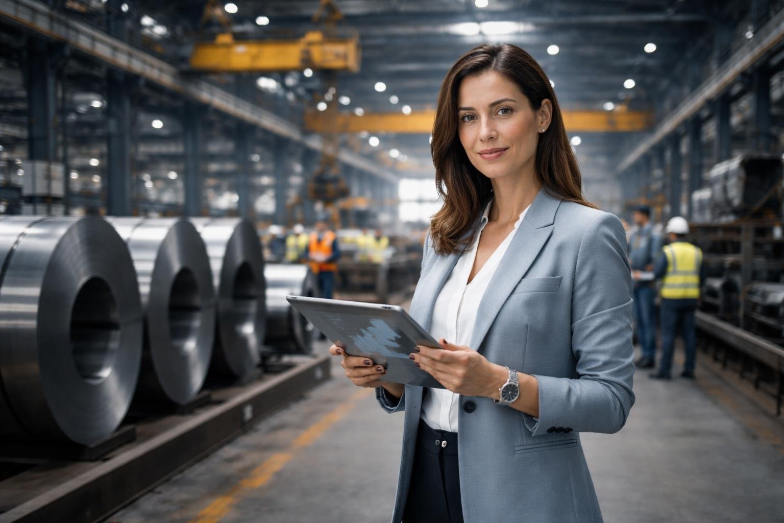 A business professional standing in a steel manufacturing plant holding a tablet with steel coils and machinery in the background.