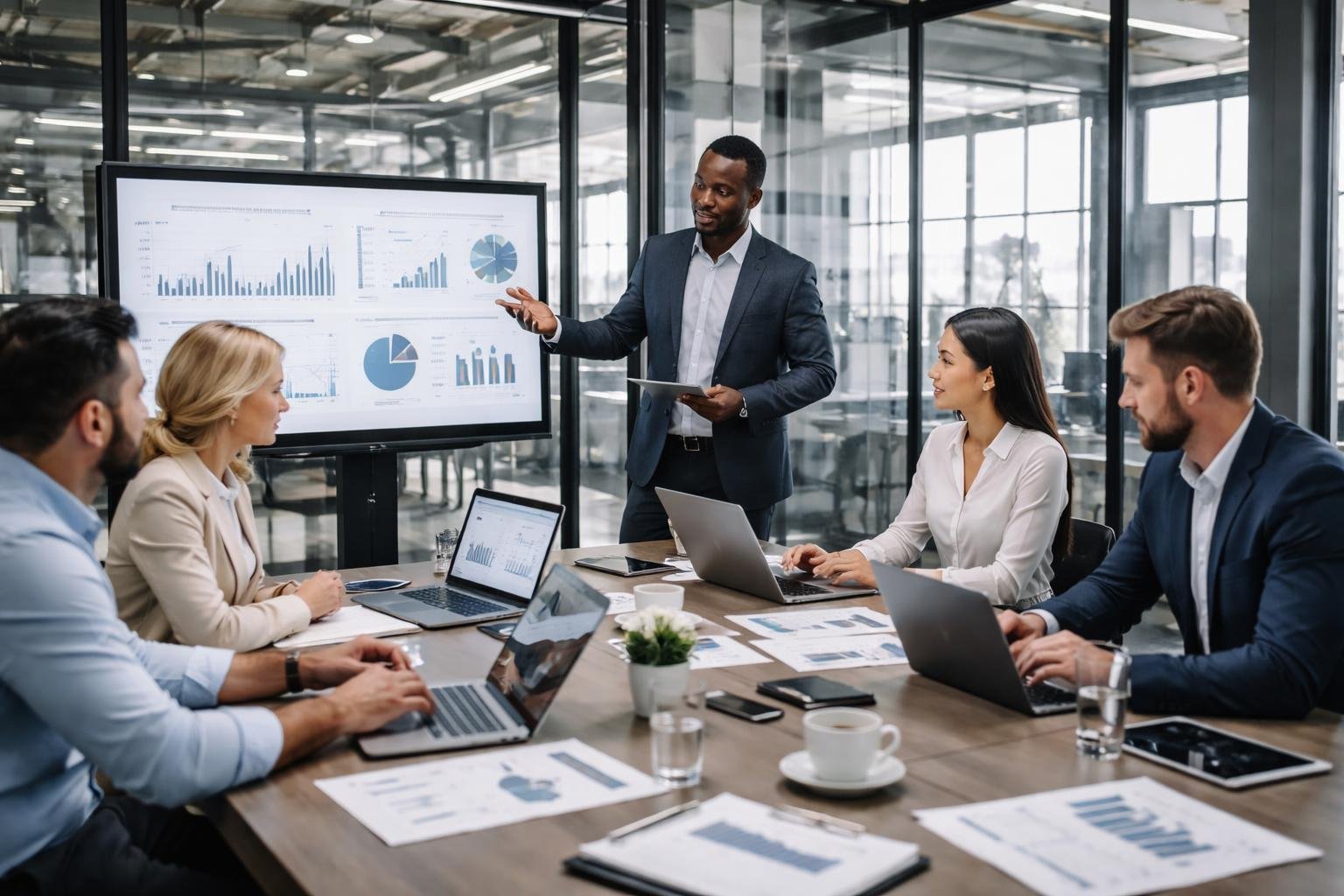 Business professionals collaborating around a conference table with laptops and charts in a modern office featuring steel elements.