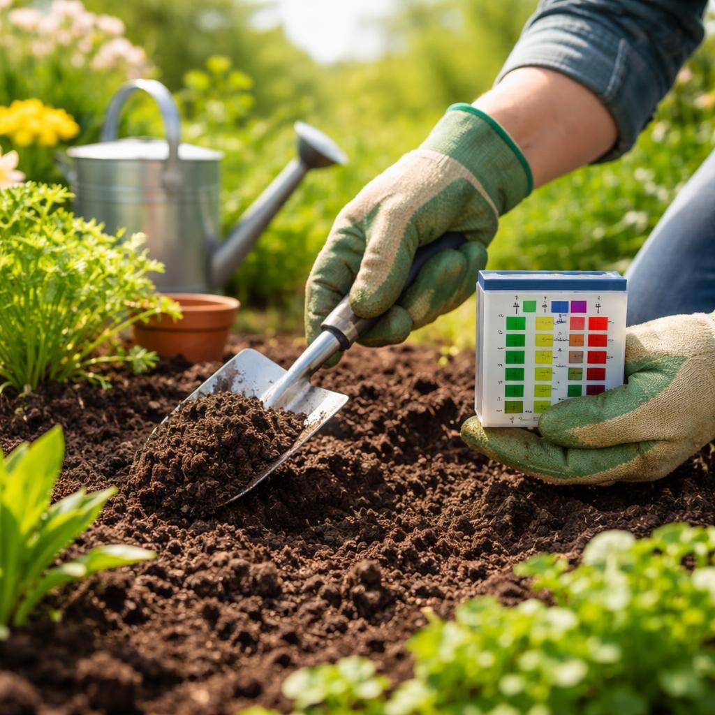 Person testing garden soil with a soil testing kit in a vibrant spring garden.