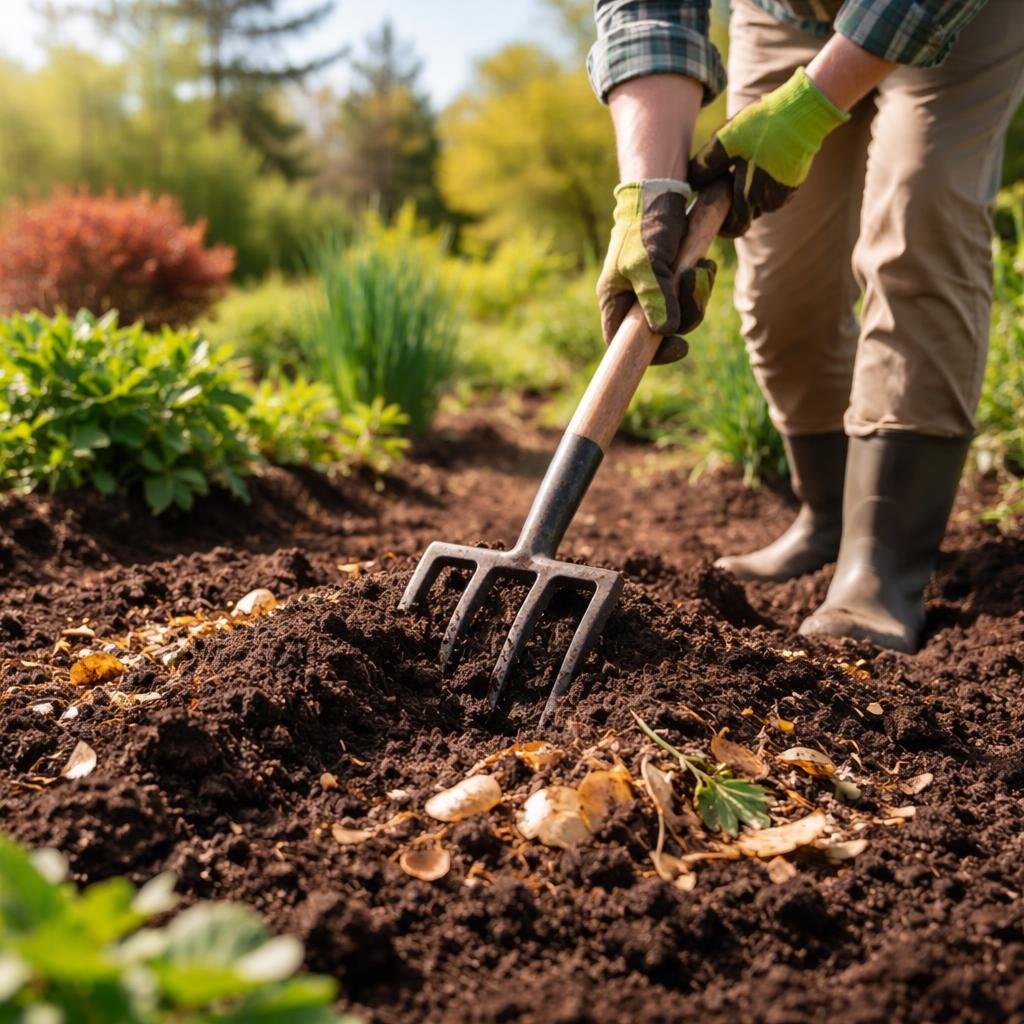 A person preparing garden soil in spring by turning and enriching it with compost in a sunny garden.