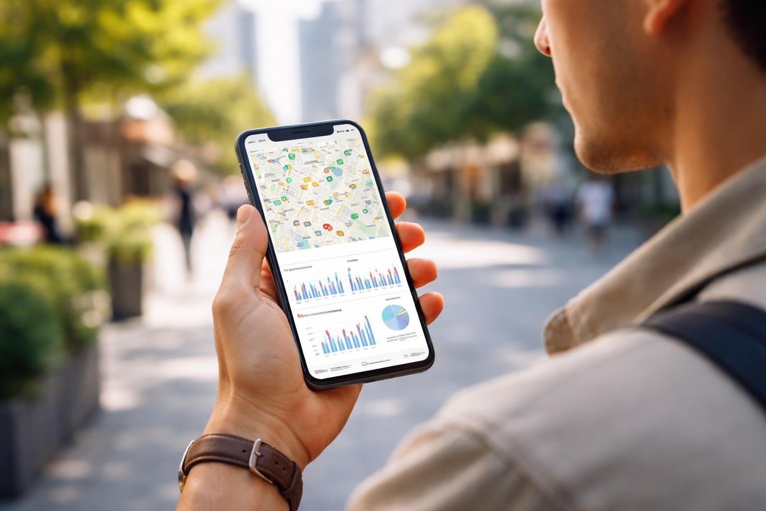 A person outdoors looking at a smartphone displaying a colorful map with charts, planning to avoid crowds in a city setting.
