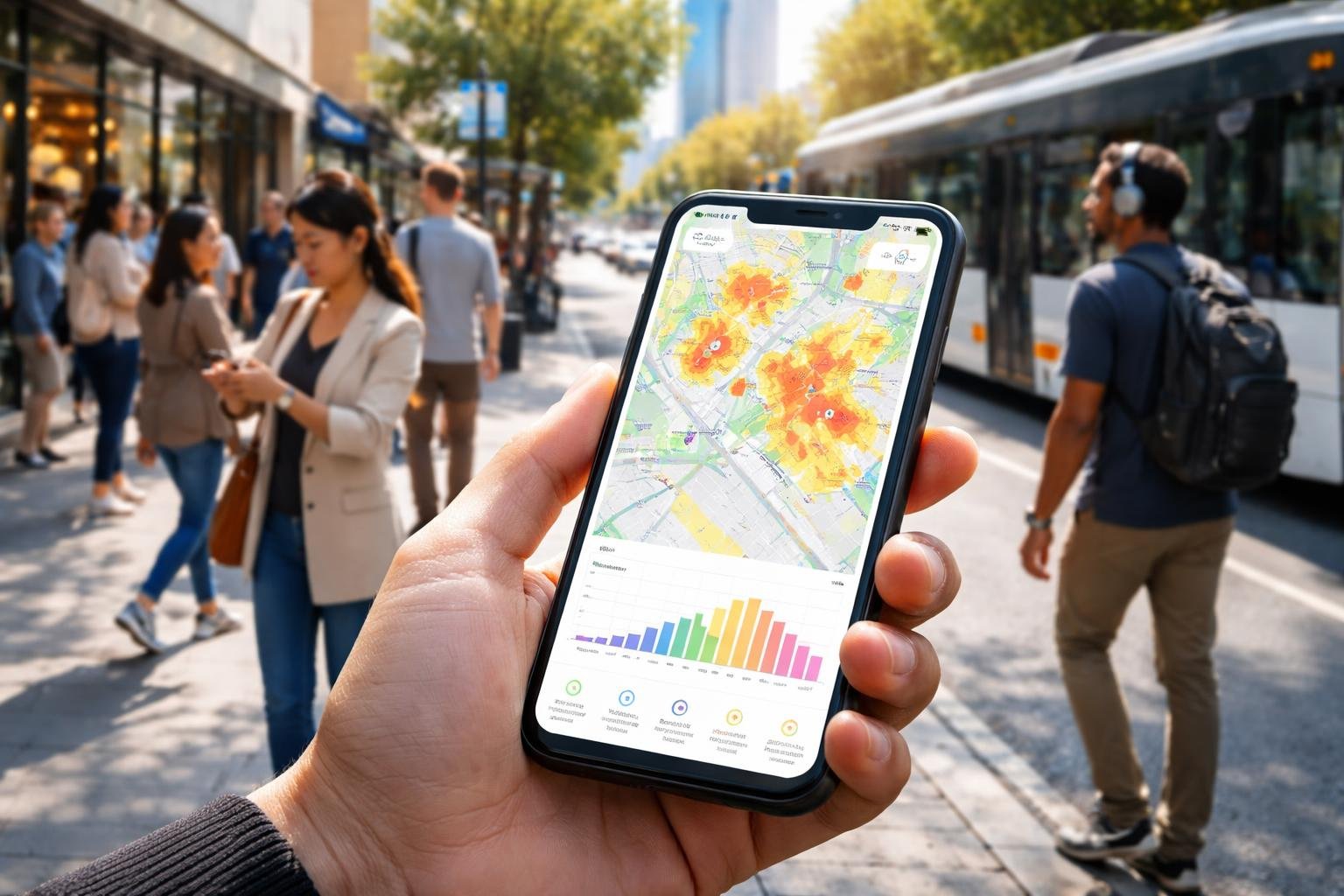 People walking in a city street with a person holding a smartphone showing a map with colorful graphs indicating crowd levels.