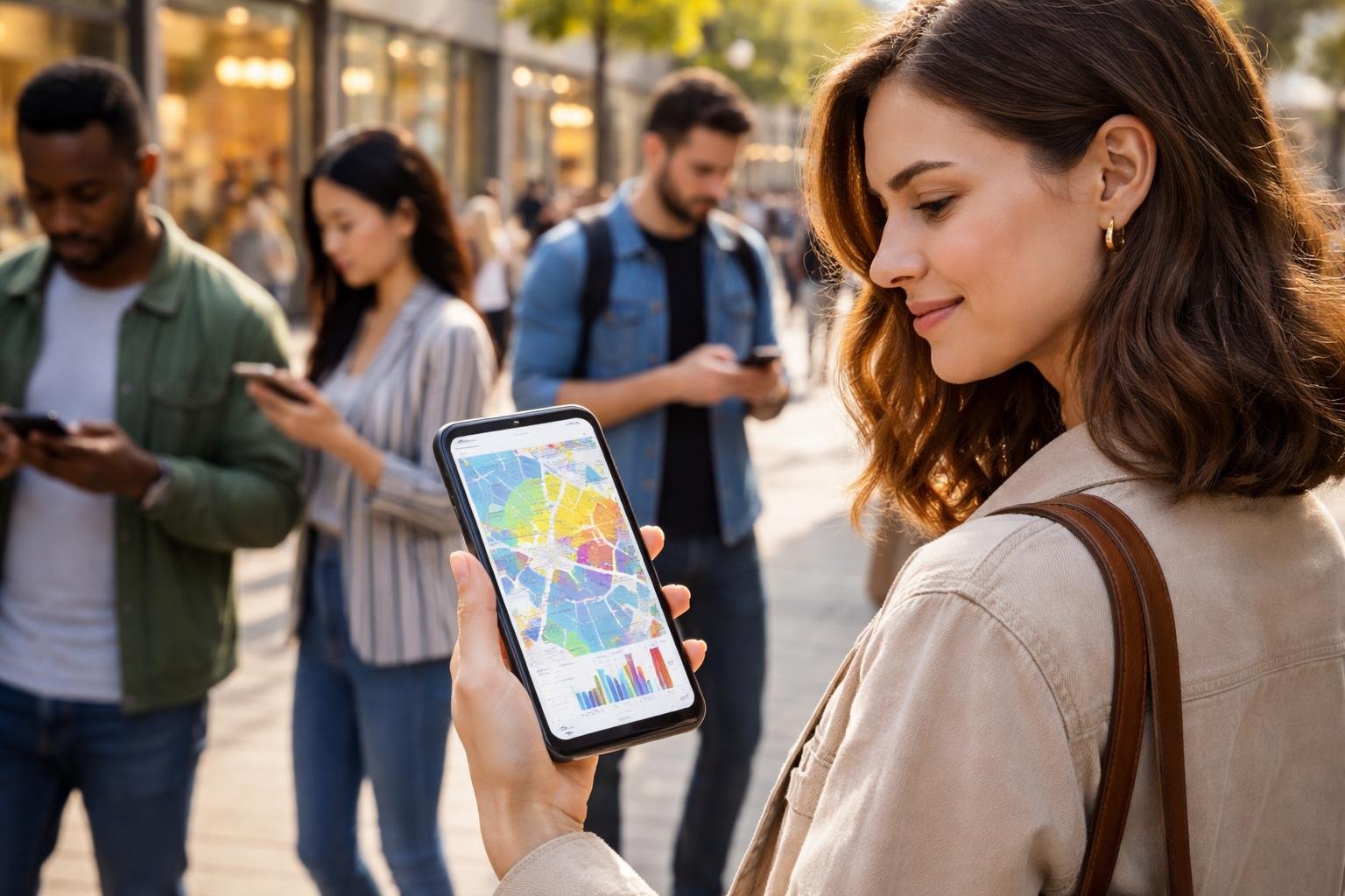 People using smartphones outdoors in a shopping area, planning their outings with crowd prediction apps.