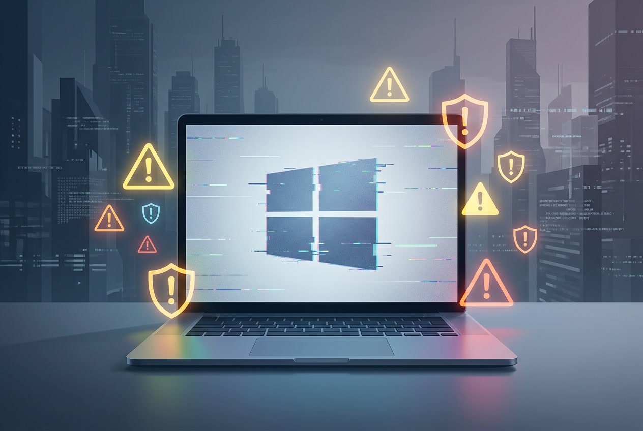 A computer showing a fading Windows 10 logo with warning icons around it, set against a futuristic background symbolizing technology and security concerns.