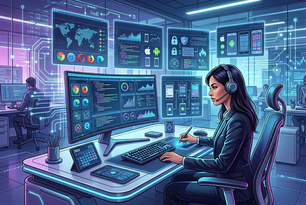 A modern workspace with a computer showing multiple holographic browser and app windows, surrounded by digital data streams and futuristic technology elements.