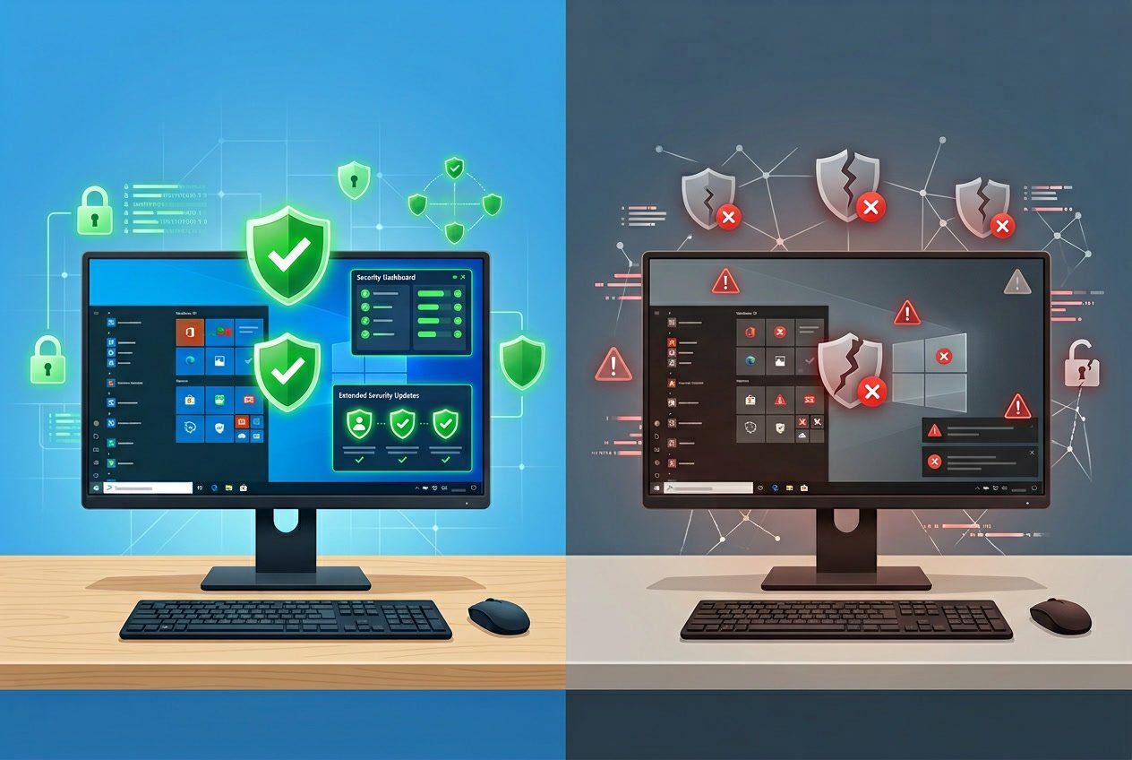 Side-by-side comparison of two desktop computers, one showing a secure Windows 10 system with active security updates, and the other showing an outdated Windows 10 system without security updates.