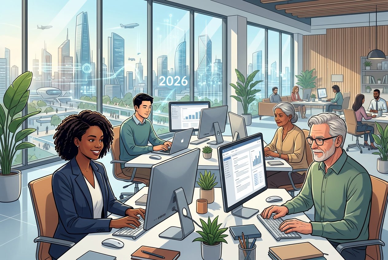 A group of diverse people using computers in a modern office with a cityscape visible through large windows.