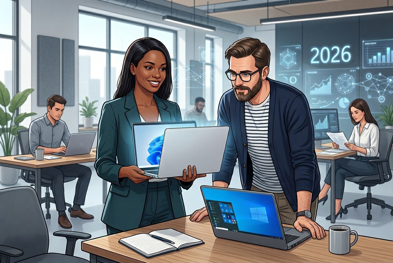 People in an office evaluating laptops with Windows 10 and Windows 11 logos, deciding whether to upgrade or replace devices in 2026.