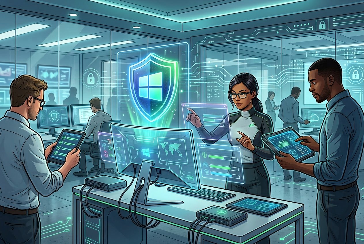 A futuristic office scene showing professionals working together on a computer with holographic security icons and digital interfaces representing Windows 10 cybersecurity in 2026.