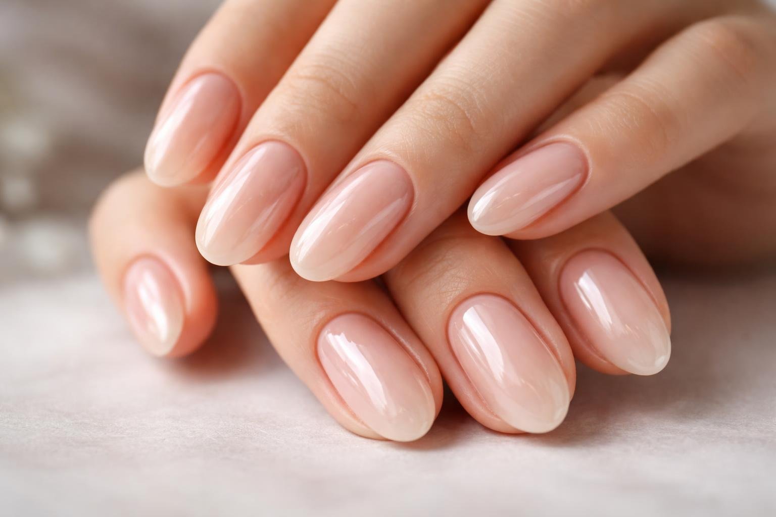 Close-up of hands with smooth, shiny glazed nails resting on a neutral surface.