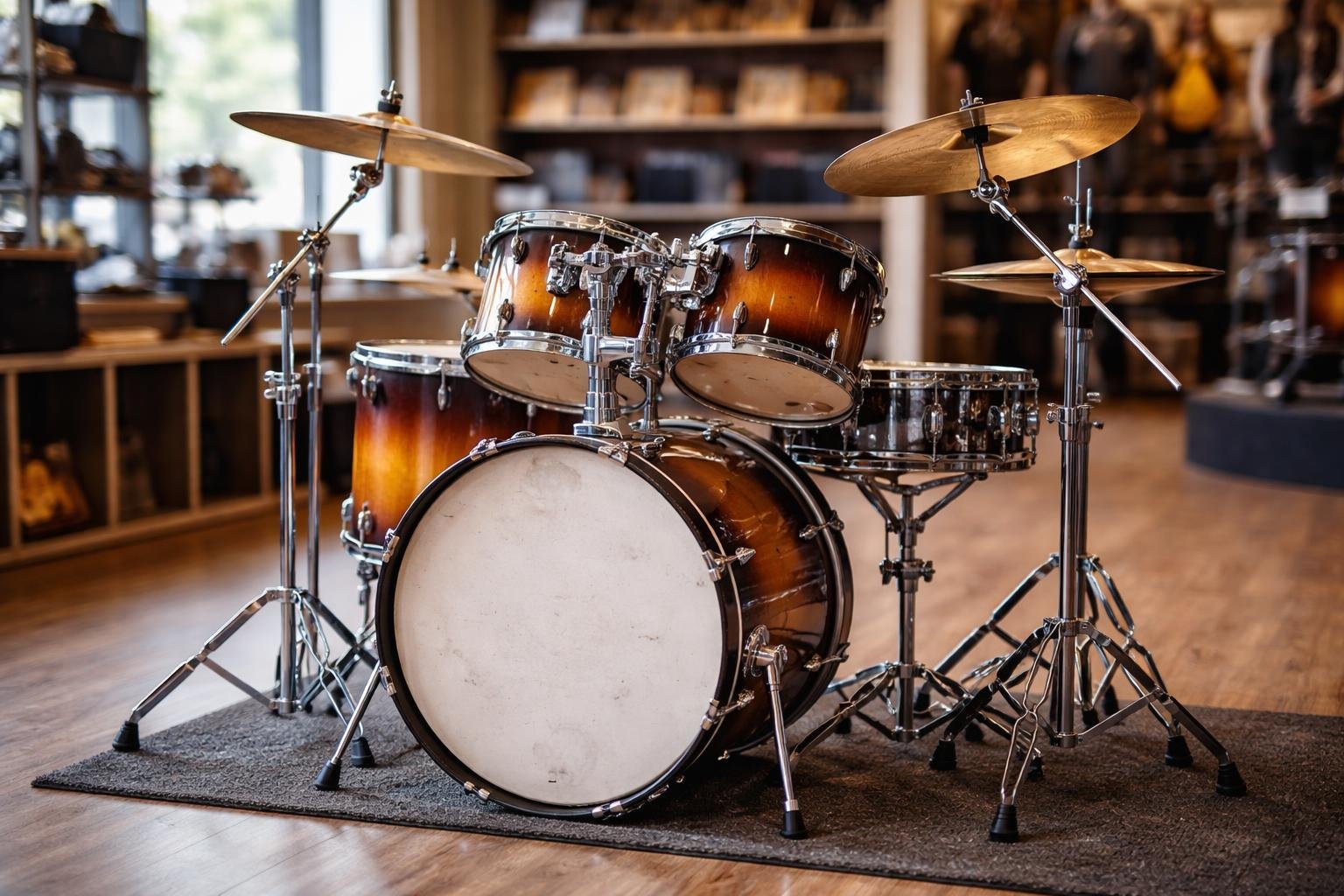 A used drum set displayed in a music store with visible signs of wear and other instruments in the background.