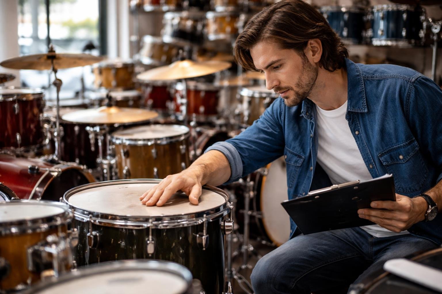 A person inspecting a used drum set in a music store with several drum sets displayed around.