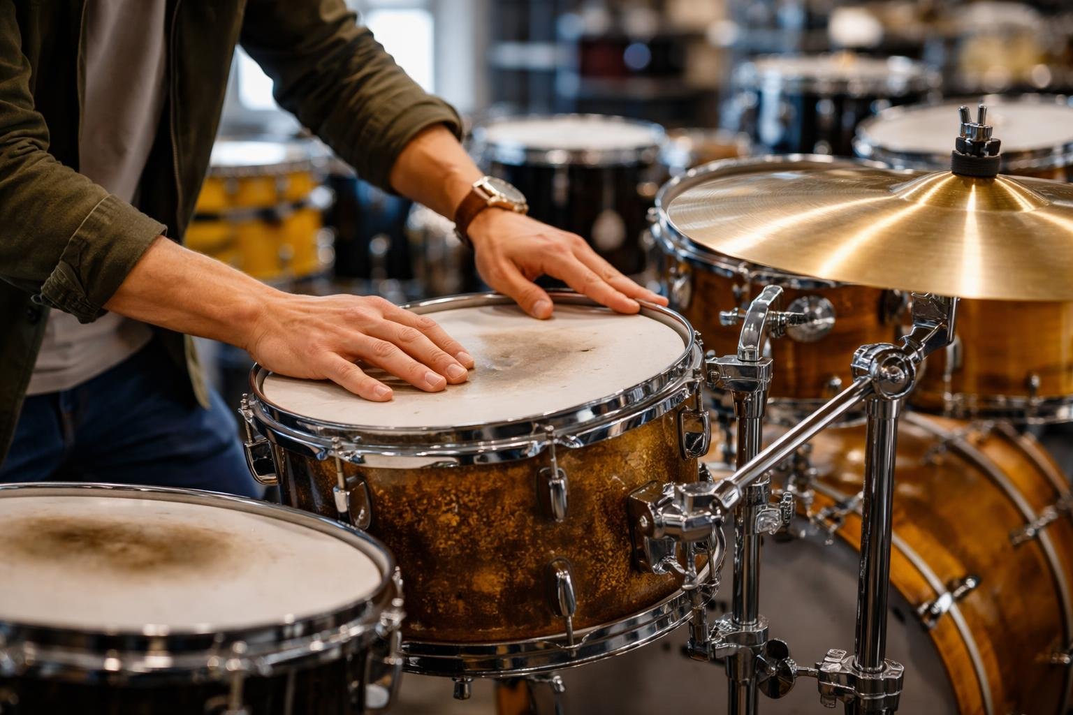 A person closely inspecting a used drum set in a music store surrounded by various drums and percussion instruments.