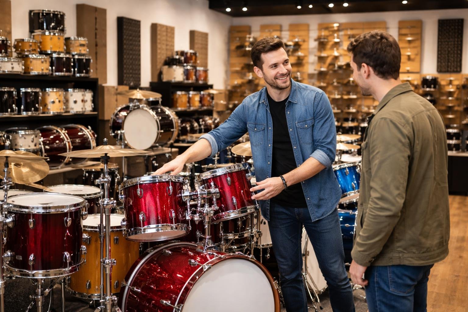A customer and salesperson examining used drum sets in a music store filled with various drums and cymbals.