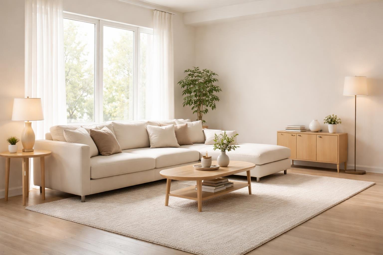 A bright living room with a sofa, coffee table, indoor plants, and natural sunlight creating a cozy and inviting atmosphere.