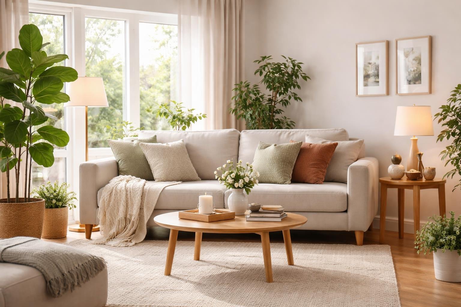 A cozy living room with natural light, green plants, warm lighting, and comfortable furniture creating a welcoming atmosphere.