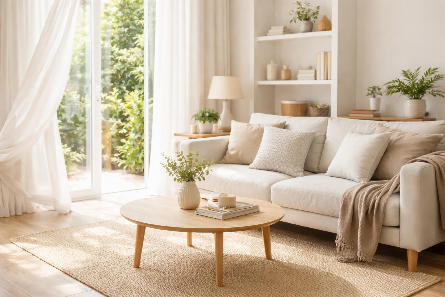 A bright living room with a sofa, coffee table, green plants, and light curtains creating a fresh and inviting atmosphere.
