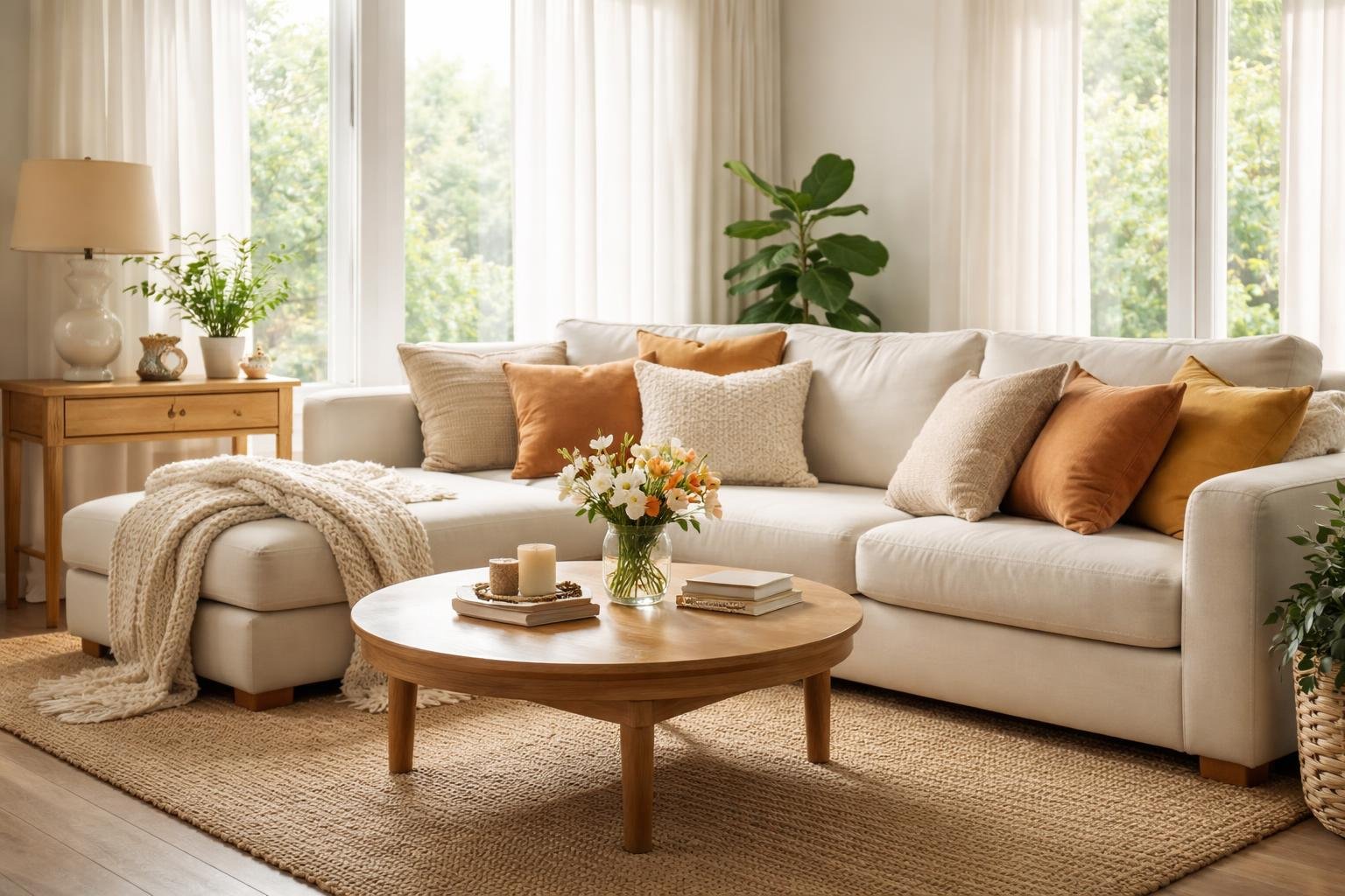 A bright living room with comfortable seating, soft cushions, a coffee table with flowers, and natural light coming through large windows.