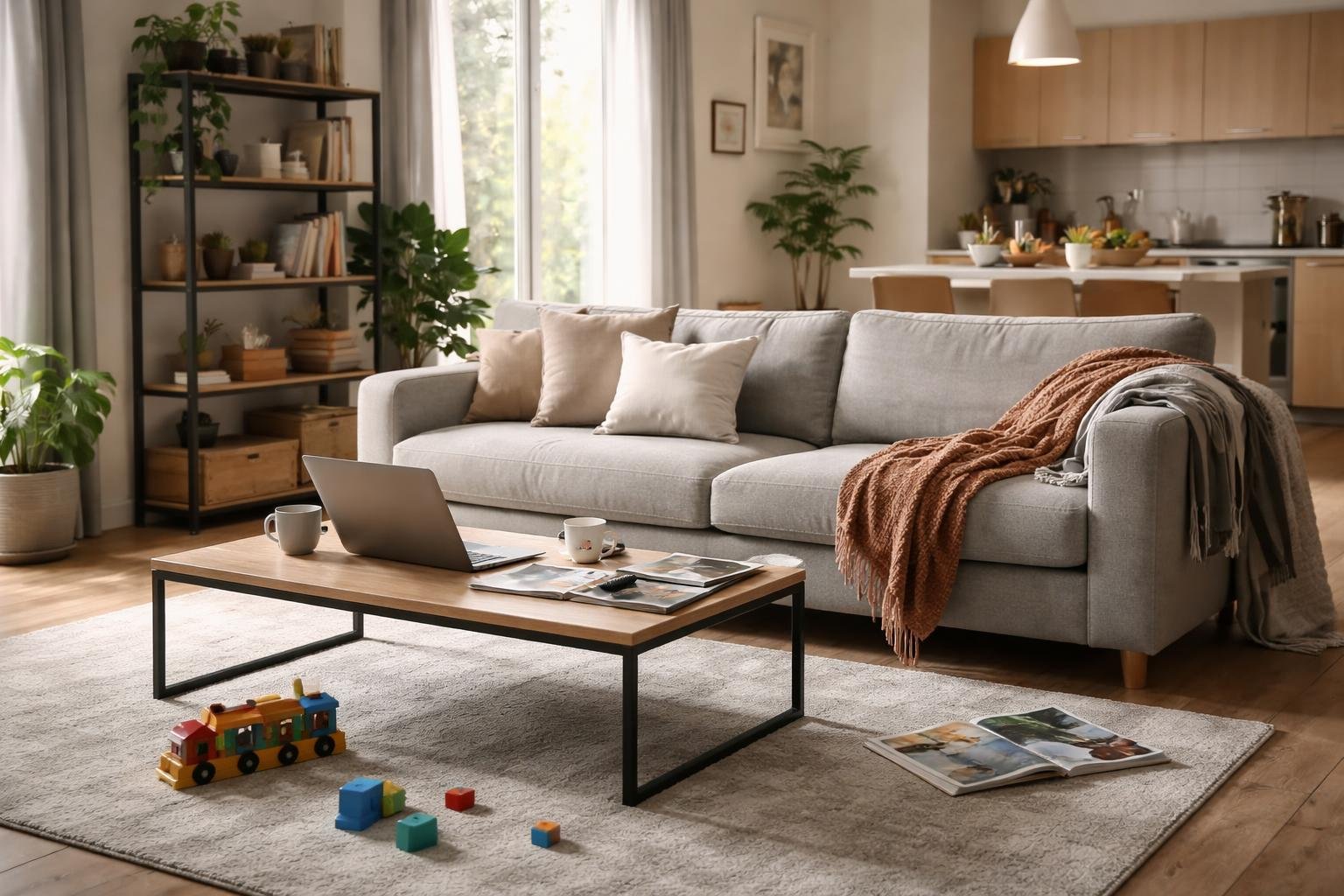 A modern living room with a sofa, coffee table, toys on the floor, and a kitchen in the background showing everyday household items.