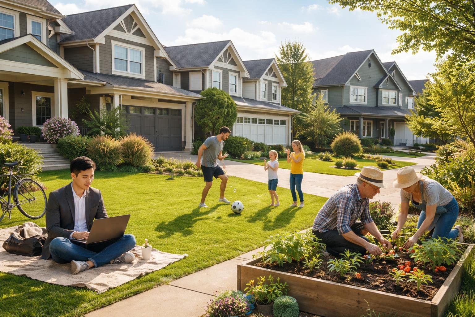 A suburban street with various houses and people engaged in different activities that seem mismatched with their homes.