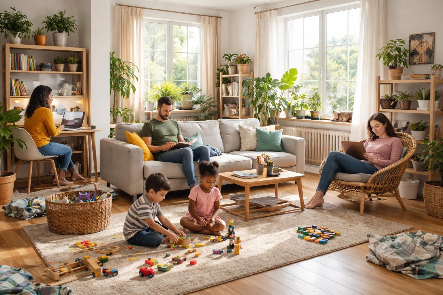 A modern living room with people engaging in different activities, showing a mix of comfort and unused spaces.