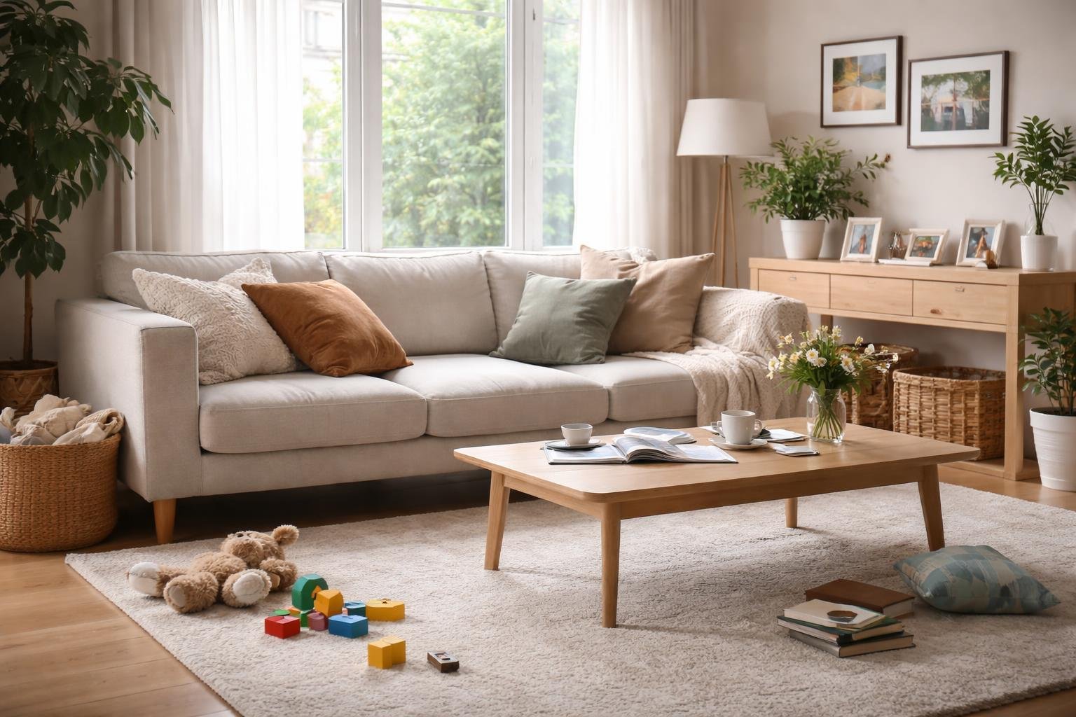 A modern living room with a sofa, coffee table, natural light, family photos, and toys on the floor.
