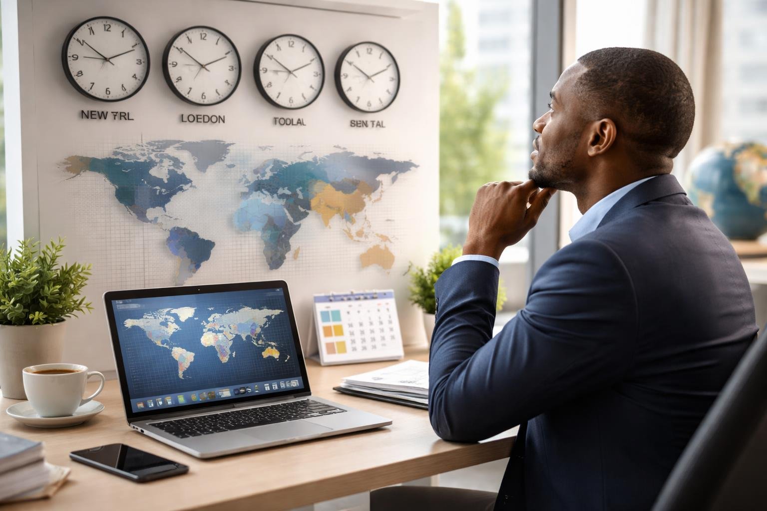 A businessperson at a desk looking at a world clock and laptop displaying time zones, with a globe and smartphone nearby.