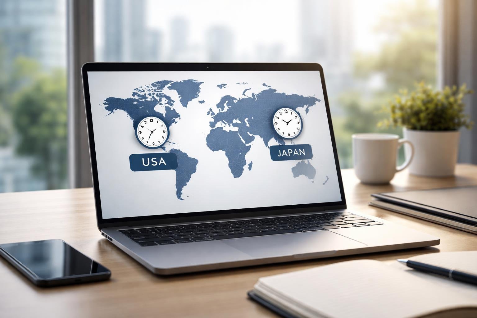 Office desk with laptop showing world map and clocks for USA and another country, smartphone and notebook nearby, cityscape visible through window.
