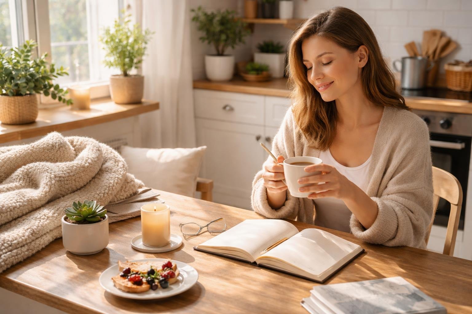 A person sitting at a kitchen table with a cup of tea, a journal, and a plant, enjoying a peaceful morning routine in a bright home.
