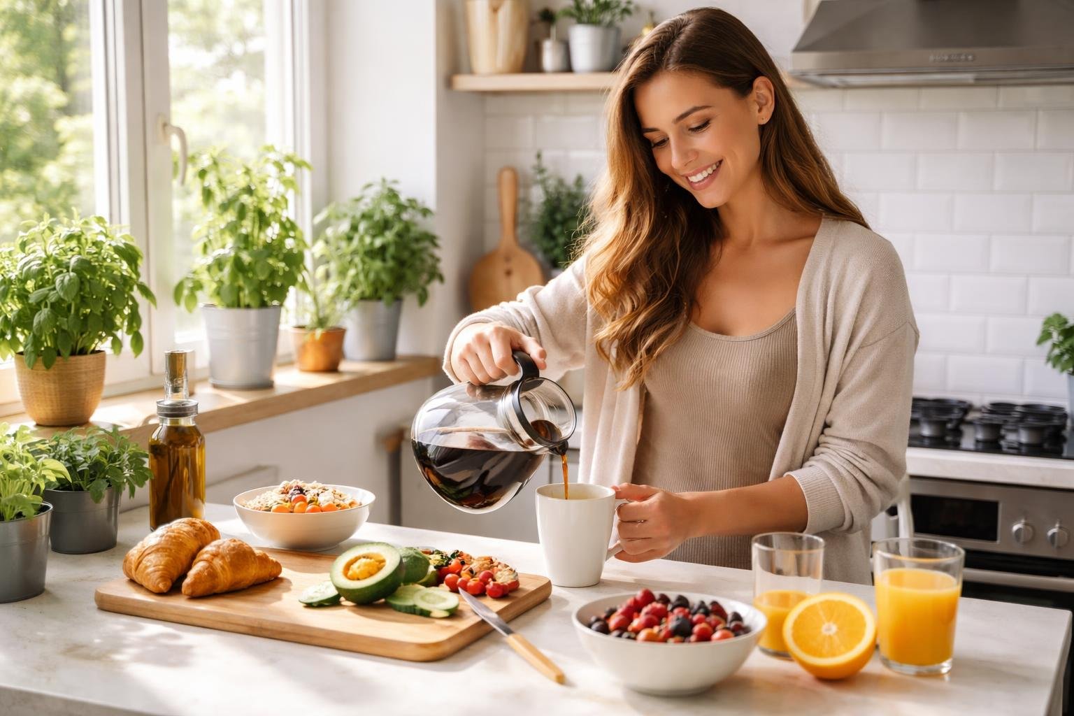 A young woman happily preparing breakfast in a sunlit kitchen with fresh fruits and plants on the windowsill.