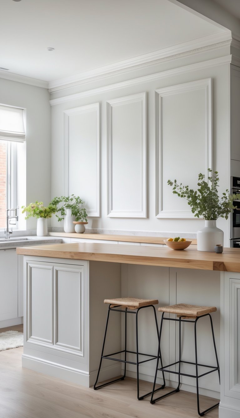 Bright kitchen interior with a kitchen island featuring decorative molding on its back panel, surrounded by bar stools and kitchen accessories.