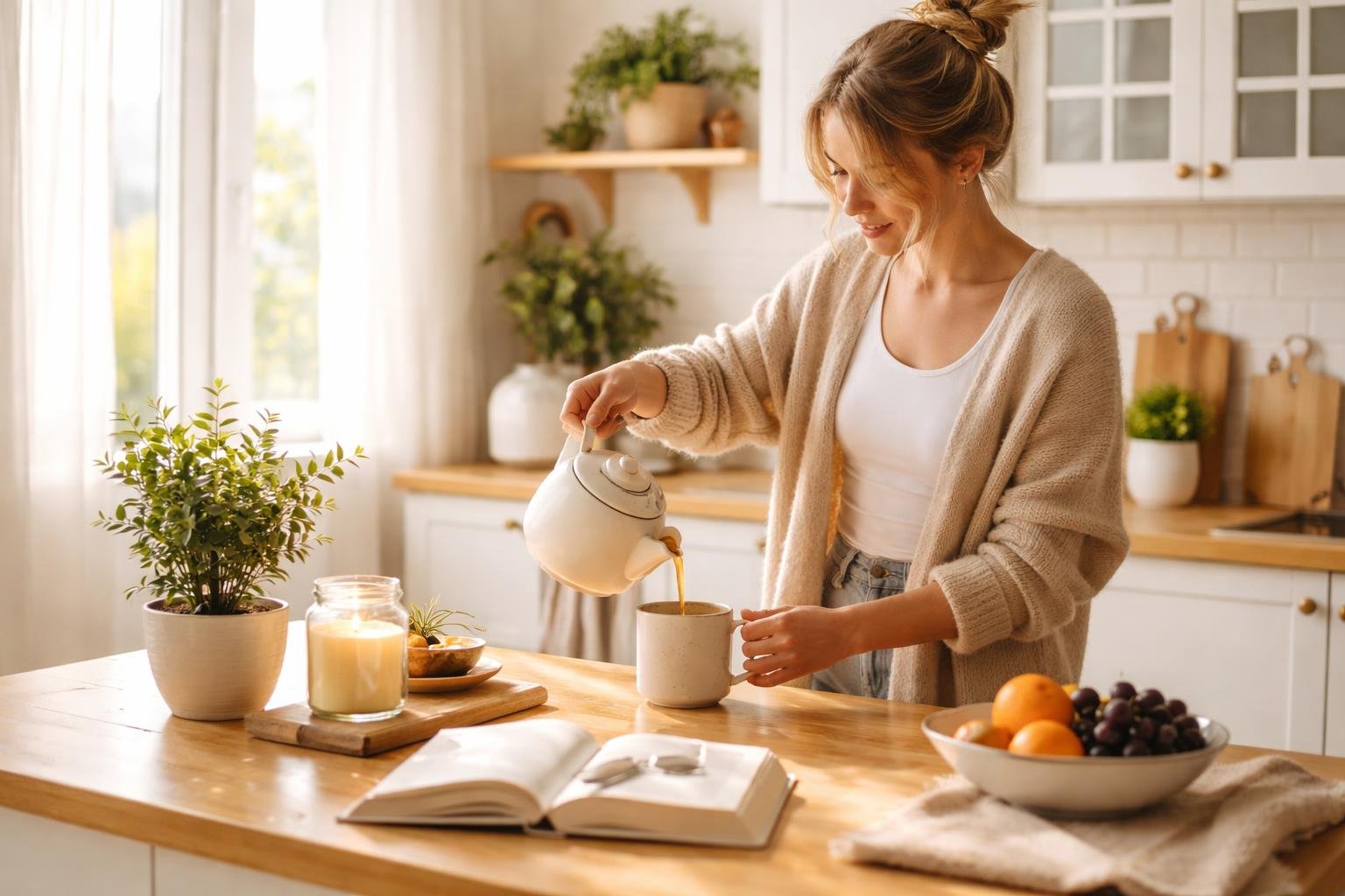 Person pouring a cup of tea in a sunlit kitchen surrounded by plants, a candle, and an open book.