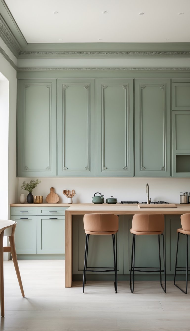 A bright kitchen with a dusty green back panel behind a kitchen island, featuring bar stools and clean countertops in a well-organized space.