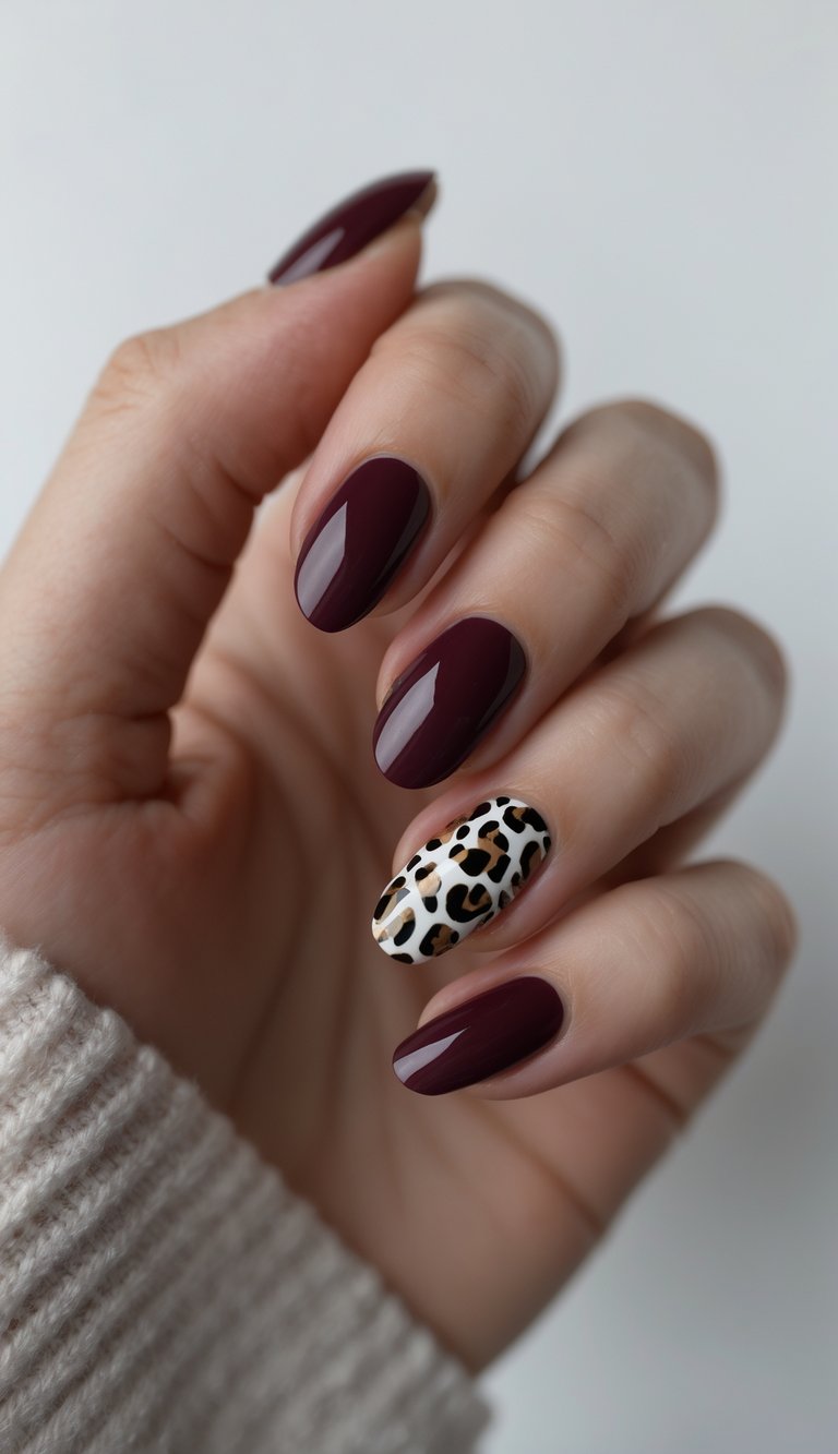 Close-up of one hand with burgundy nails and leopard print accent nails against a white background.