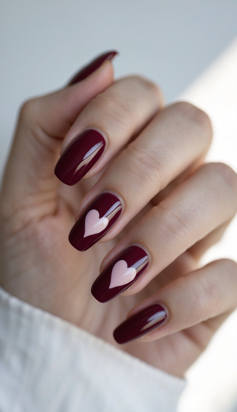 Close-up of one hand with burgundy nails and heart-shaped accent design against a white background.