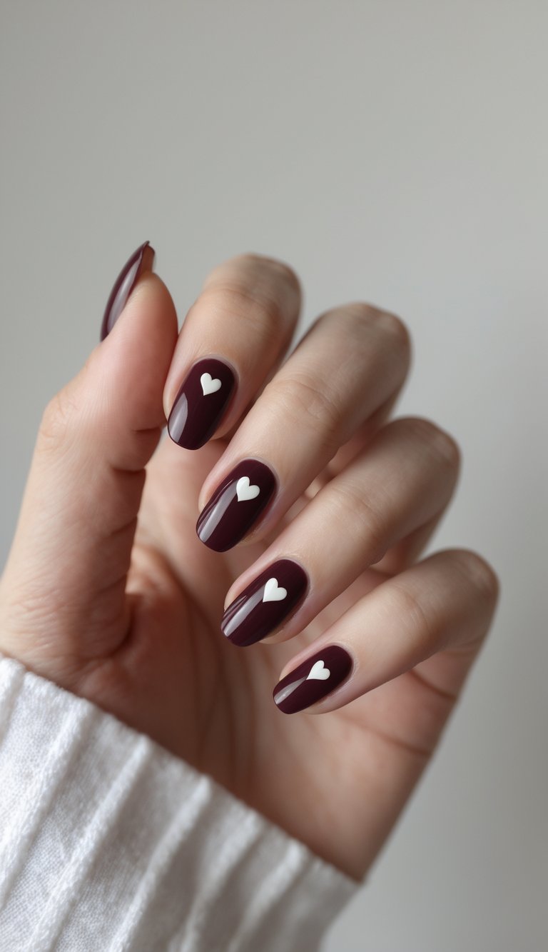 Close-up of one hand with burgundy nails and small heart designs against a white background.