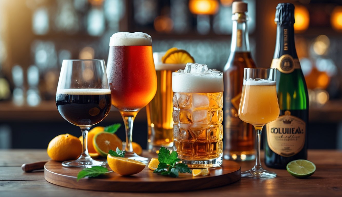 Berbagai jenis minuman beralkohol populer dari seluruh dunia disusun di atas meja kayu, termasuk segelas anggur merah, bir, wiski dengan es, koktail berwarna-warni, dan botol sampanye dengan gelasnya.