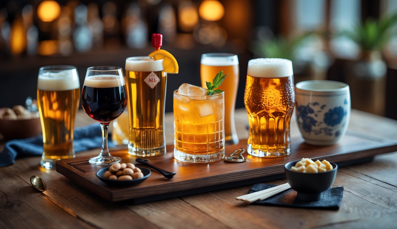 Berbagai jenis minuman beralkohol populer di dunia disusun di atas meja kayu, termasuk anggur merah, bir, koktail, wiski, dan sake, dengan latar belakang kabur dan pencahayaan hangat.