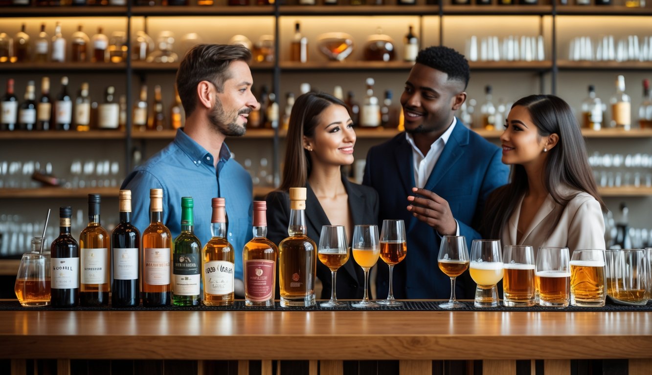 Seorang bartender yang ramah sedang menjelaskan pilihan minuman beralkohol kepada pasangan muda di depan meja bar yang rapi dengan berbagai botol minuman dan gelas.