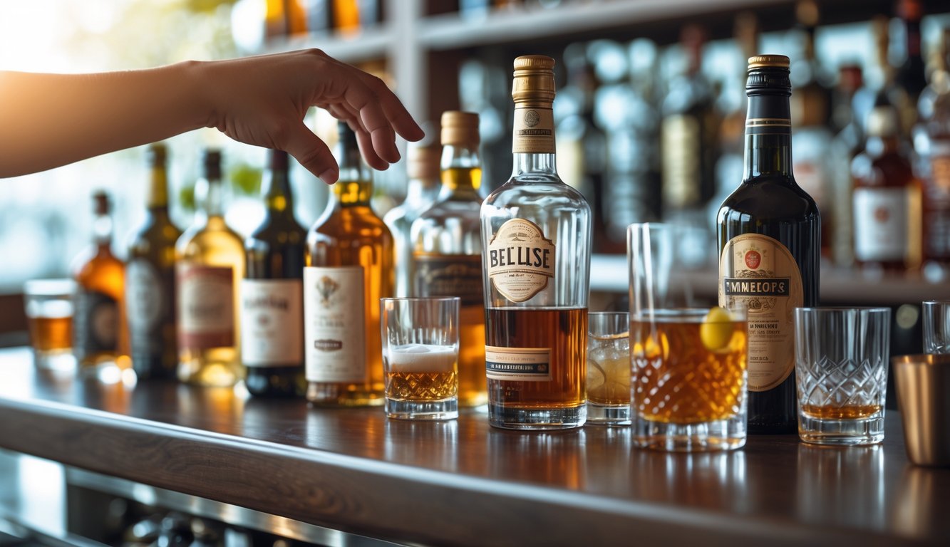 Seseorang memilih minuman beralkohol di depan bar dengan berbagai botol dan gelas minuman beralkohol.