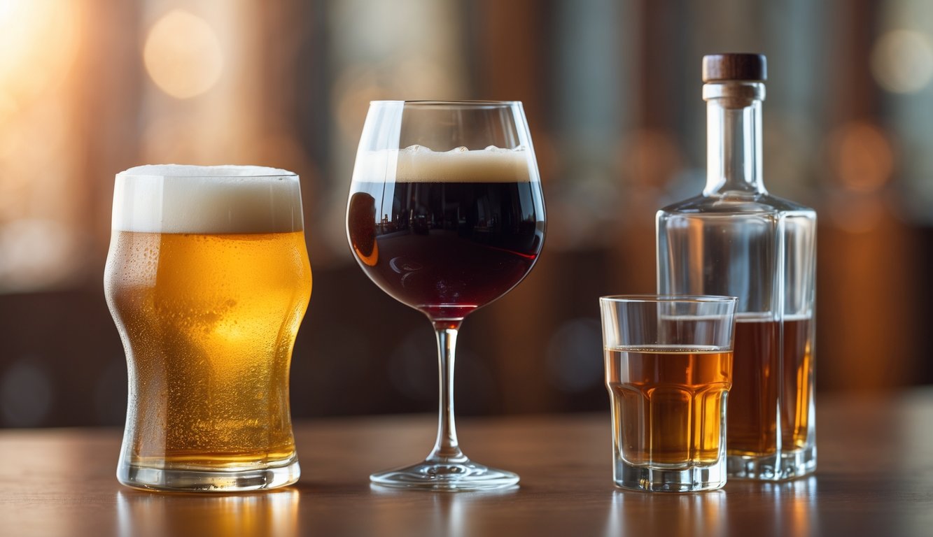 Tiga minuman beralkohol berbeda yaitu bir, anggur merah, dan botol spirit dengan gelas kecil di atas meja kayu.