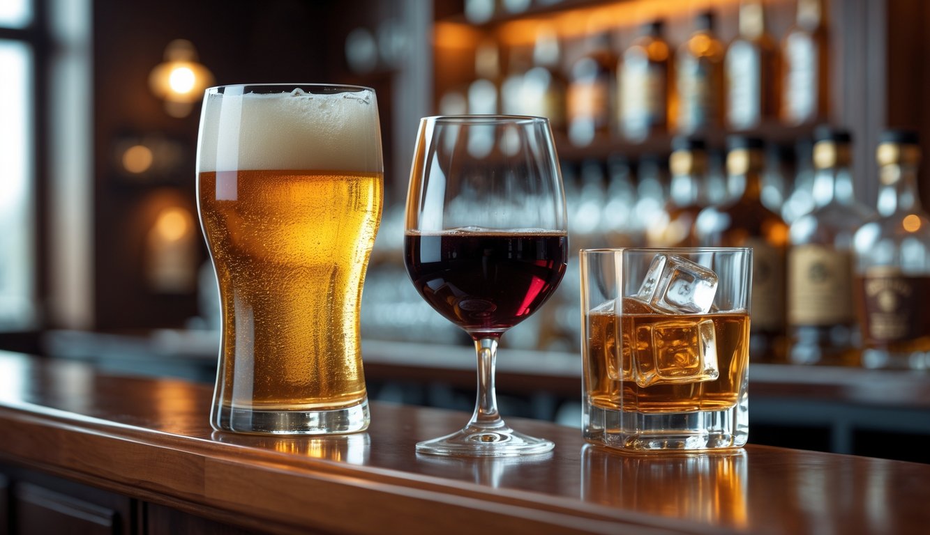 Tiga gelas minuman beralkohol berbeda: bir berwarna keemasan dengan busa, anggur merah dalam gelas anggur, dan minuman spirit berwarna amber dengan es, diletakkan di atas meja kayu di sebuah bar.